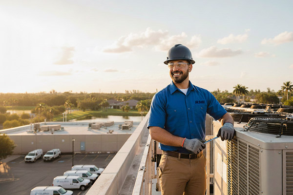 Commercial HVAC technician performing maintenance